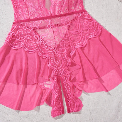 New Sexy Crotchless Rose Sexy Lingerie Women Lace Hollow Bodysuit Teddy Babydoll Dress Deep V Open Bra Porno Set Erotic Pajamas