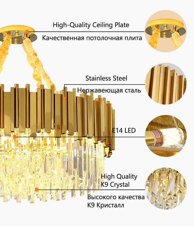 Gold K9 Crystal Tricolor Chandelier Luxury Modern LED Ceiling Light for Living Room Dining Room Bedroom Ceiling Lights