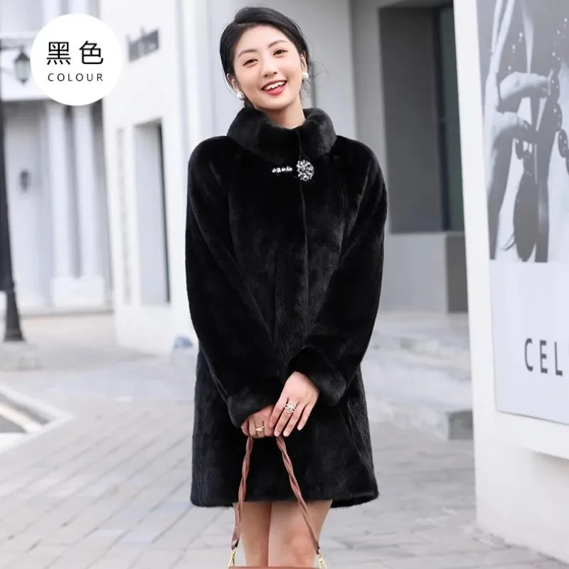 Mink Fleece Coat Medium Long Fur One Piece Coat Gold Mink Fleece Coat 2026 Winter New Standing Collar Fur Coat Solid Commuter B1