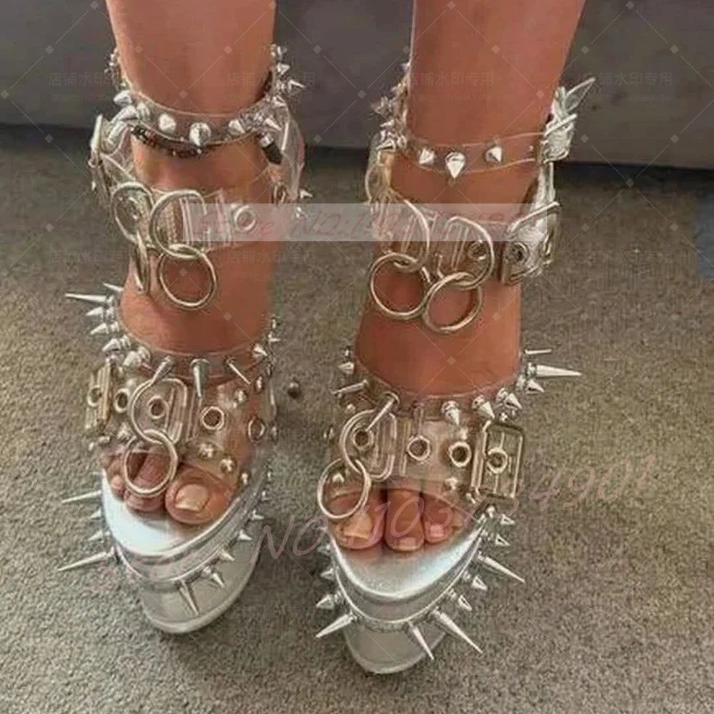 Pink Studded Platform Heels Sandals Women Metal Spikes Buckle Strap Peep Toe Block Heels Sandals Gothic Punk Ring Leather Shoes
