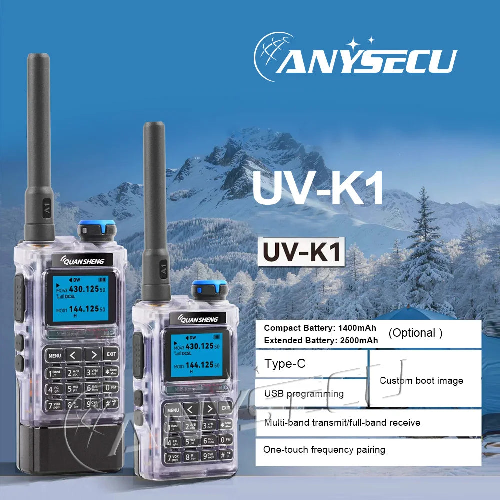 Quansheng UV-K1 1400mAh UV-K1 2500mAh 144-148 430-440MHz 1400mAh 200CH 5W Type-C Charger  Aviation Band Two Way Radio