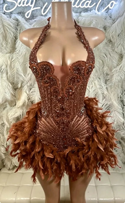Glitter Pink Crystal Short Prom Dress For Black Girl Homecoming Senior Cocktail Dress Birthday Party Gown Feathers Customized