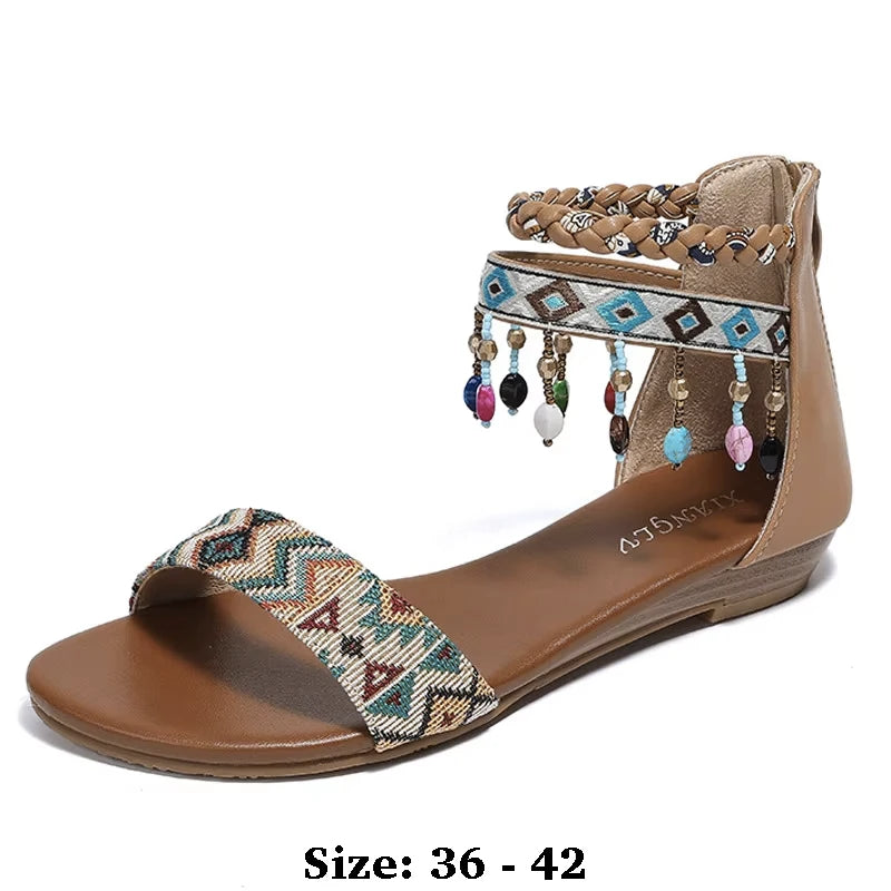 High quality leather flat sandals for women 2.5cm low heel vintage print new summer 2026 36 42 open toe casual shoe black brown