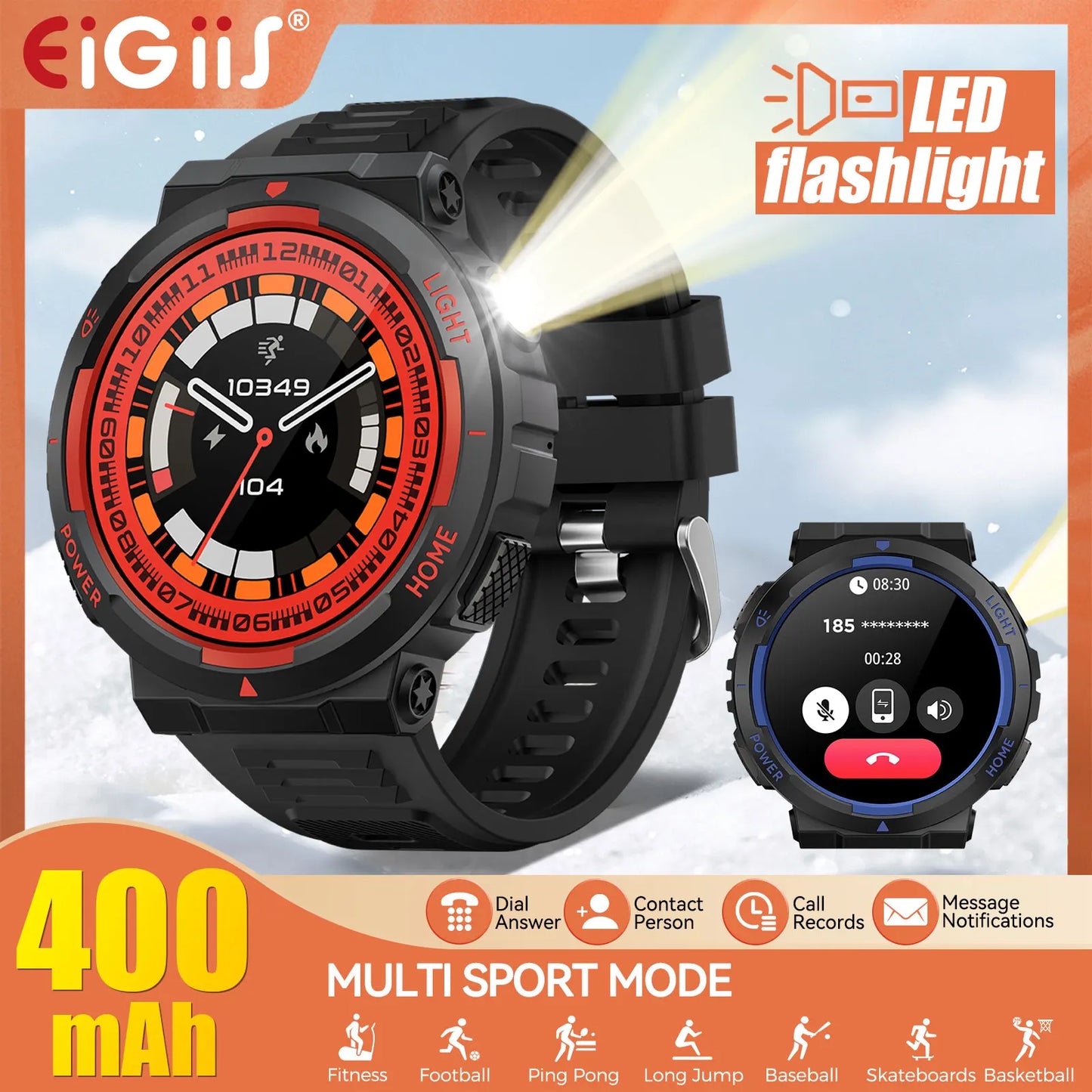 EIGIIS Smart Watches for Men with LED Flashlight 1.53" HD with 100+ Sport Modes Health/Sleep Monitor and 3ATM Waterproof Watche