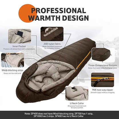 Naturehike SnowBird Down Sleeping Bag Ultralight Waterproof Mummy Sleeping Bag Winter Duck Down Sleeping Bag SP400 SP700 SP1000