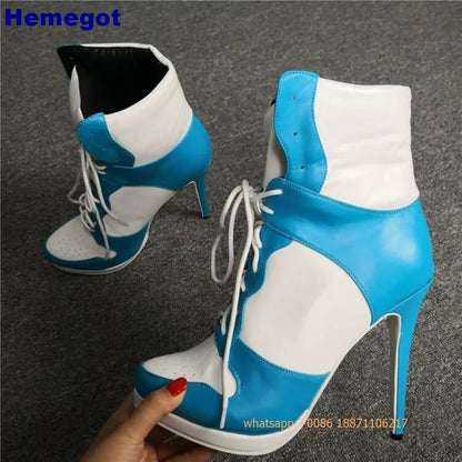Round Toe Sports Lace Up Women's Short Boots 2025 Thick Sole Mixed Color Stilettos Autumn Winter New Street Style Casual Rock Bo