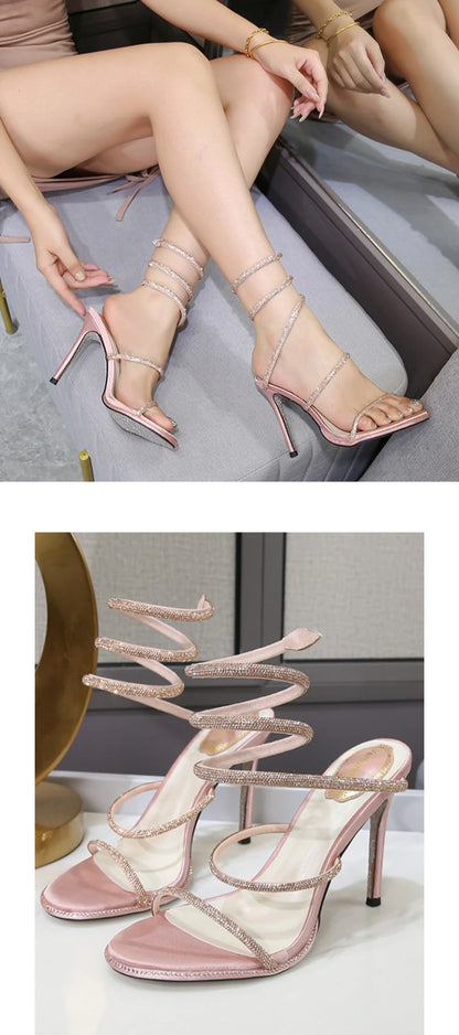 Fashion Summer Snake Twine Around Crystal Women Party Sandals Rhinestones Luxury Thin High Heels Gladiator Sandals Prom Shoes