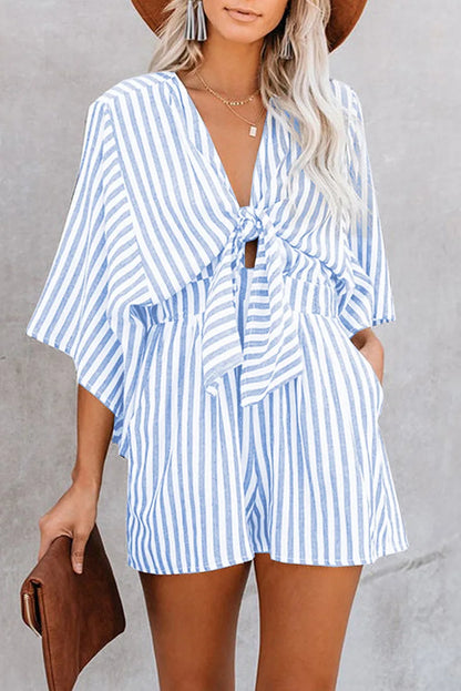 Summer waist slimming striped jumpsuit for women, European and American foreign trade deep V flared sleeve three quarter pants