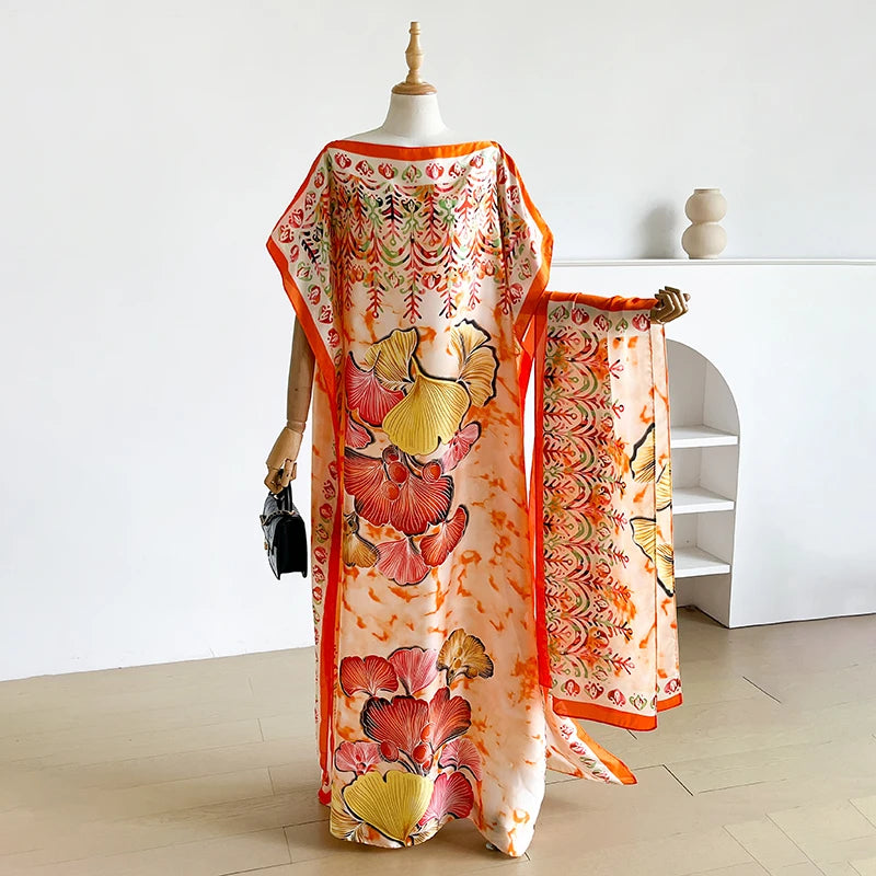 Fashion Summer Kaftan Dress for Women with Big Scarf Loose Abaya Muslim Casual Print Shawl Robe African Style Dubai Turkey