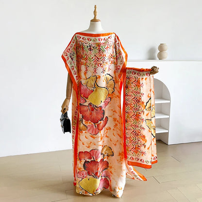 Fashion Summer Kaftan Dress for Women with Big Scarf Loose Abaya Muslim Casual Print Shawl Robe African Style Dubai Turkey