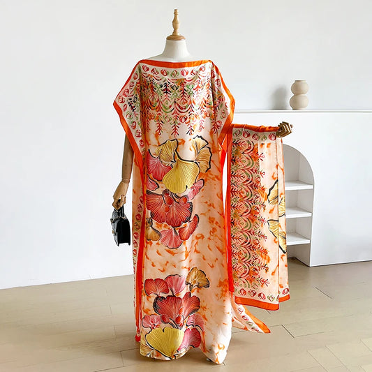 Fashion Summer Kaftan Dress for Women with Big Scarf Loose Abaya Muslim Casual Print Shawl Robe African Style Dubai Turkey