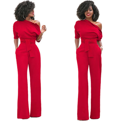 2024 Summer New Fashion Women's Jumpsuit Solid Color Slanted Shoulder Elegant Temperament Sleeveless Long Wide Leg Jumpsuit