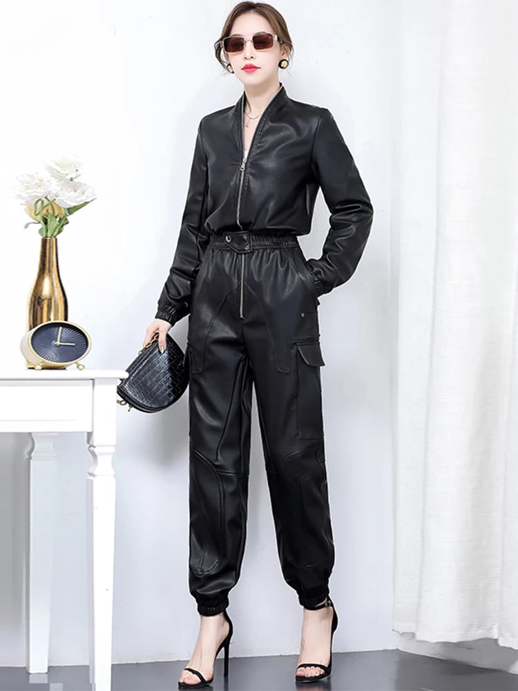 Lautaro Spring Long Black Soft Faux Leather Jumpsuit Women Long Sleeve Zipper Jumpsuits for Women Womens Fall Fashion 2021
