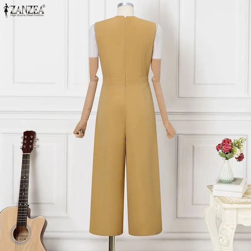 ZANZEA Women Jumpsuits Solid Sleeveless V Neck Rompers Elegant Office Ladies Clothing European Bottoms Pockets Casual Overalls