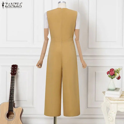 ZANZEA Women Jumpsuits Solid Sleeveless V Neck Rompers Elegant Office Ladies Clothing European Bottoms Pockets Casual Overalls