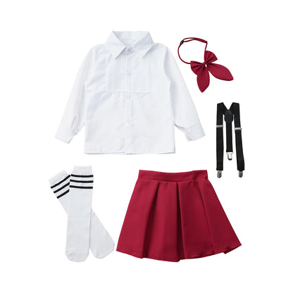 Children Girls Choir Outfits School Uniform Bow Tie Shirt with Suspender Skirt and Socks Schoolgirls Stage Performance Costume