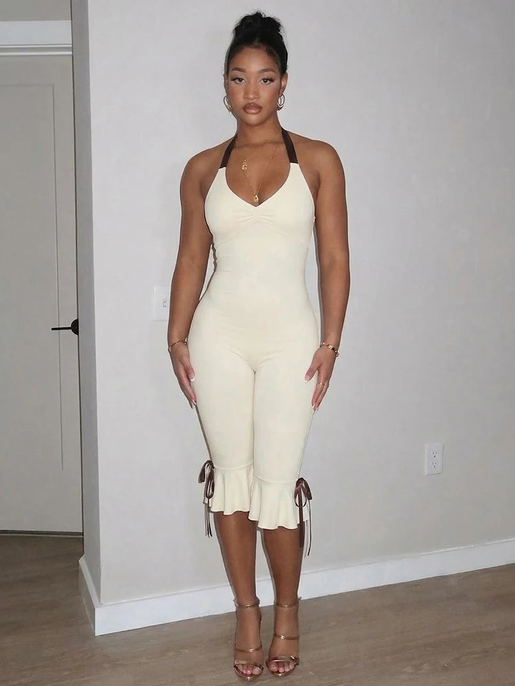Kliou Sexy Backless Playsuits Woman Contrast Patchwork Bandage Halter Low-Neck Sleeveless Ruffles Street Fashion Skinny Rompers