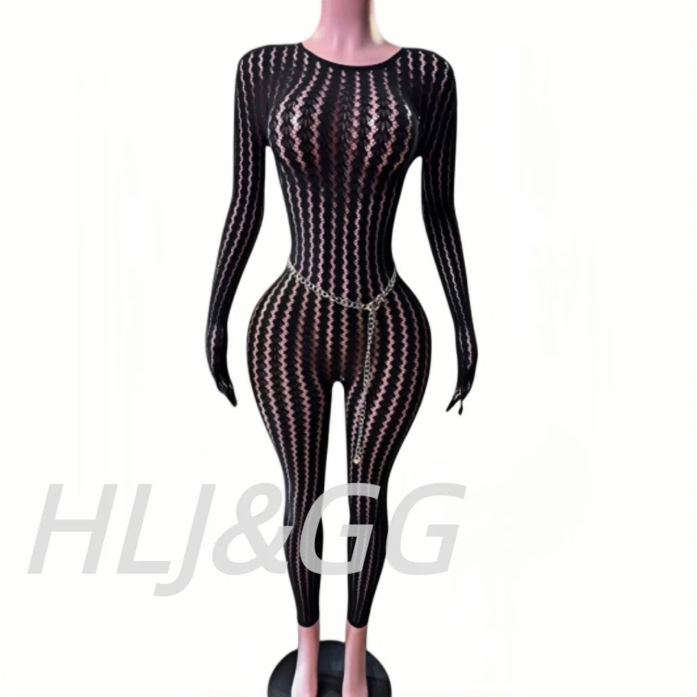 HLJ&GG Sexy Mesh Stretchy See Though Bodycon Jumpsuits Women Round Neck Long Sleeve Slim Playsuits Fashion Print Overalls 2025