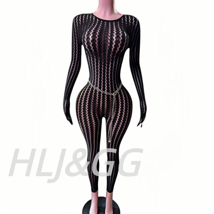 HLJ&GG Sexy Mesh Stretchy See Though Bodycon Jumpsuits Women Round Neck Long Sleeve Slim Playsuits Fashion Print Overalls 2025