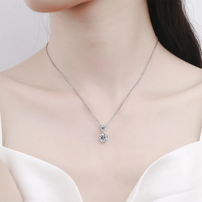 925 Sterling Silver Double Round Moissanite Pendant Necklace Clear CZ Diamond Chain for Women Wedding Jewelry