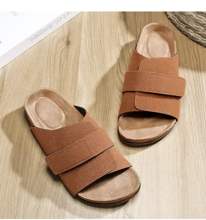 Cork Slippers Men Summer Beach Slides Suede Leather Womens Flat Sandals Fashionable Outdoor Male Mules Non Slip Babouche Femm