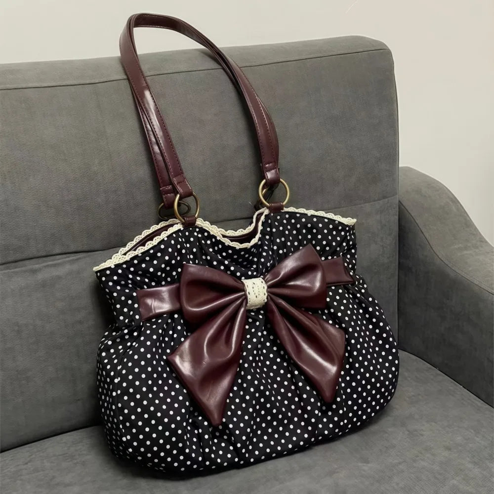 Trendy Vintage Women's Bow Handbag Y2k Casual Chic Lady Shoulder Bags All Match Aesthetic Dot Ins Underarm Bag Streetwear