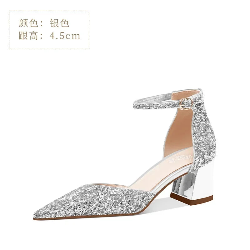 Luxury Silver Gold Sandals Women Summer Pointed Elegant Crystal High Heels Ladies Flip Flop Sequined Party Banquet Wedding Shoes