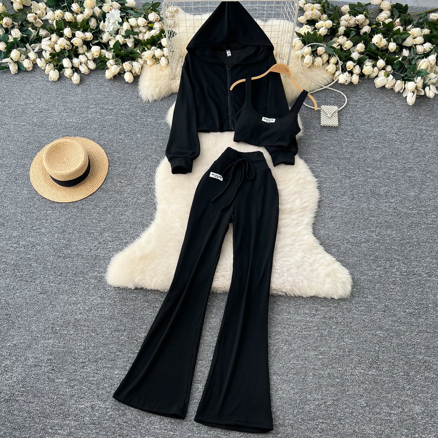 SINGREINY 2026 Autumn Sporty Suits Ladies Full Sleeves Hoodies+Sling Mini Camis+Drawstring Long Pants Casual Three Pieces Sets