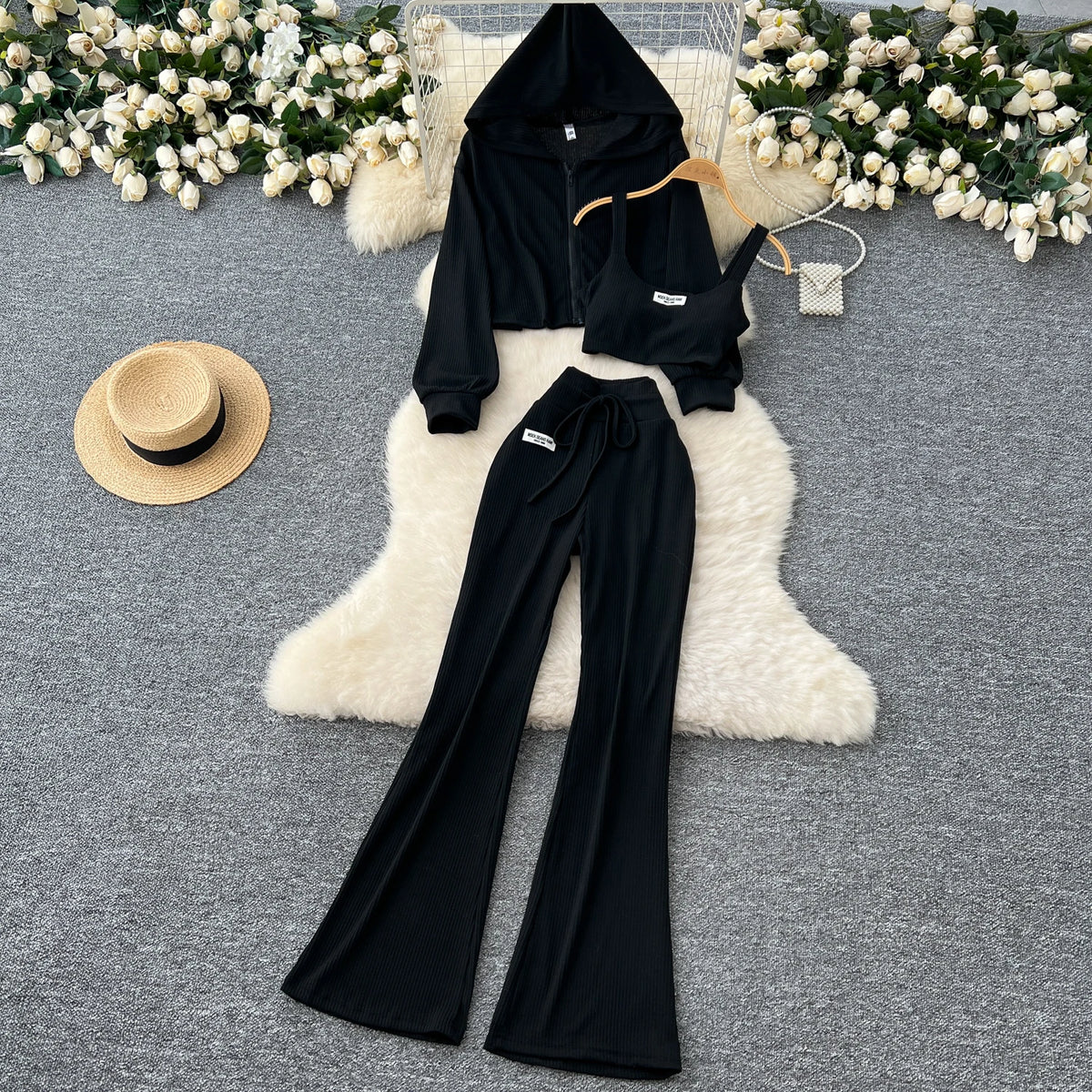 SINGREINY 2026 Autumn Sporty Suits Ladies Full Sleeves Hoodies+Sling Mini Camis+Drawstring Long Pants Casual Three Pieces Sets