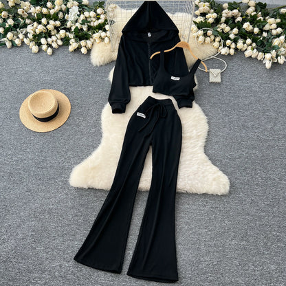 SINGREINY 2026 Autumn Sporty Suits Ladies Full Sleeves Hoodies+Sling Mini Camis+Drawstring Long Pants Casual Three Pieces Sets
