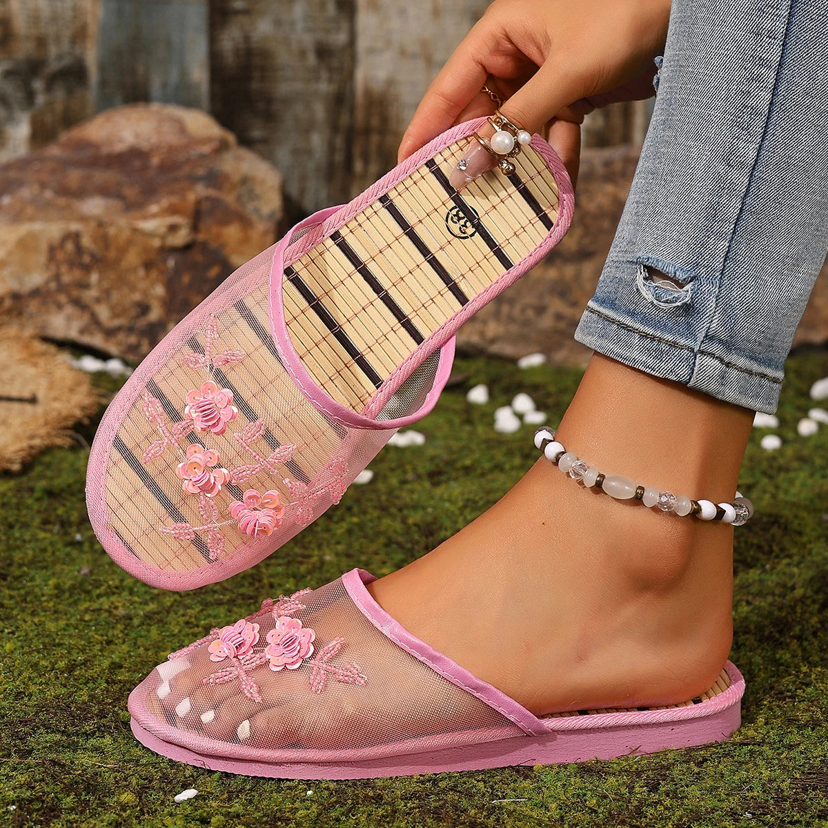 Mesh Breathable Embroider Sequin Flower Mules Shoes Summer Closed Toe Soft Bottom Sandals Female Chinese Style Bamboo Sandals