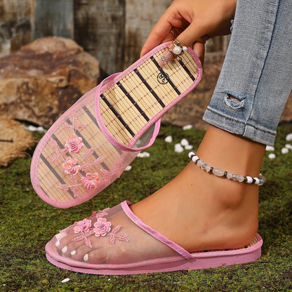 Mesh Breathable Embroider Sequin Flower Mules Shoes Summer Closed Toe Soft Bottom Sandals Female Chinese Style Bamboo Sandals