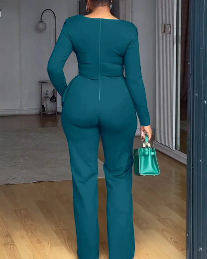 Swing Collar Ruched Jumpsuit Long Sleeve Solid Elegant Office Ladies Asymmetric Hem Autumn Casual Vintage Ruched Slim Rompers