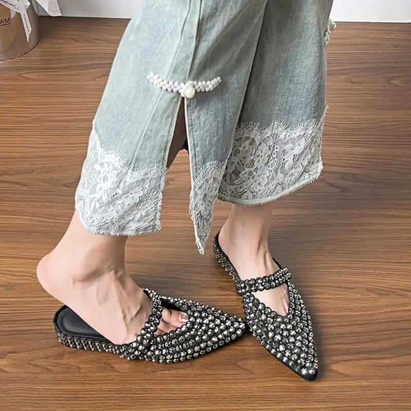 Luxury Rhinestone Pointed Toe Slippers for Women Sexy Backless Flats Mules Sandals Elegant Party Dress Mary Jane Shoes Ladies