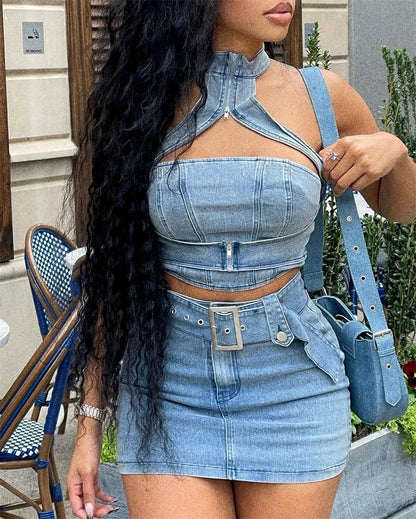 Sexy Denim Two Piece Set Women Y2K Clothes Zipper Halter Hollow Out Backless Crop Top and Mini Skirt Club Party Matching Sets