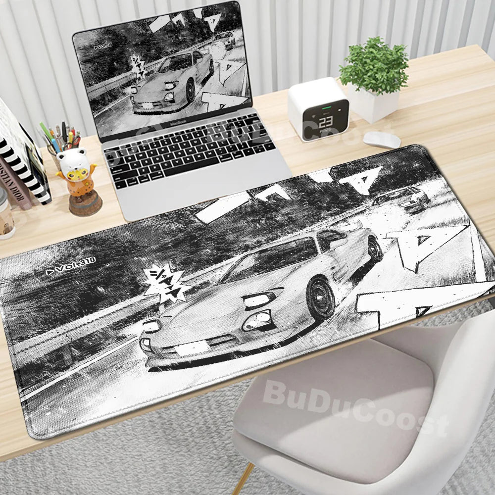 Gaming Mouse Pad Non-slip Mausepad Anime Initial D Keyboard Mats Large Office Deskmat Black And White Art Rubber Mice Pad Carpet