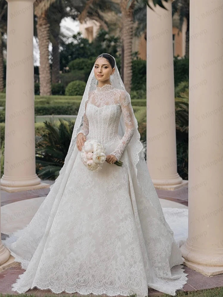 Lace Wedding Dresses High Neck Long Sleeve A Line Bride Dress Sweep Train Princess Bridal Gown Vestido De Novia Customized
