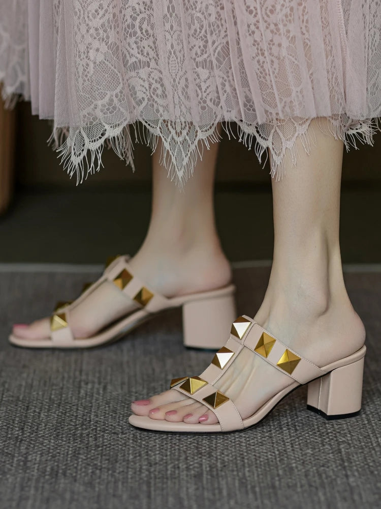 Women's Sandals Summer Gladiator Heeled Sandals Luxury Heeled Slippers Rivets Open Toe High Heels Elegant Ladies Shoes Women