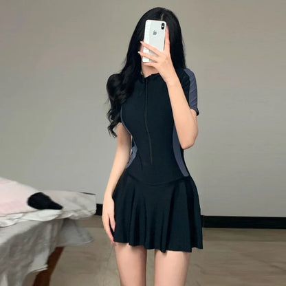 Women One-piece Swimsuit Korean Fashion Sports Swimwear Slim Short-sleeved Skirt Bathing Suit Beach Wear Swimming Suit for Women