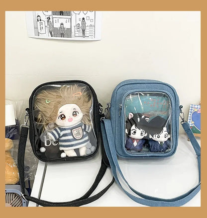 New Denim Ulzzang Ita Bags Female Transparent Badge Doll Show Crossbody Shoulder Bag Individuality Designer 2 Sides Bolso Mujer