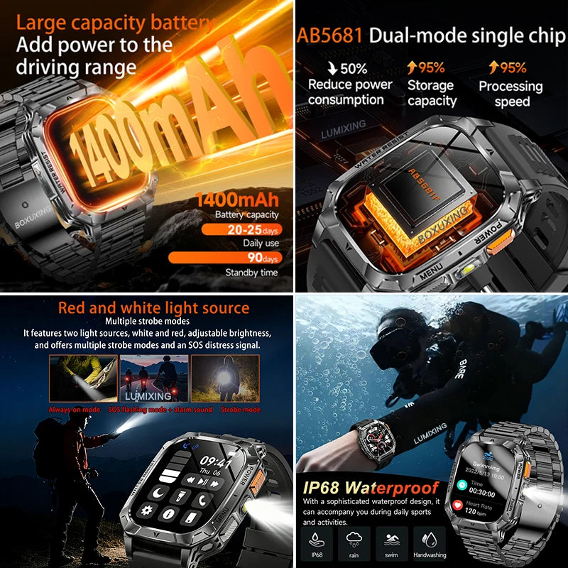 New 1400 mAh Battery Military Smartwatch Men IP68 Waterproof Flashlight Health Monitor Sports Call Smart Watch For iOS Android