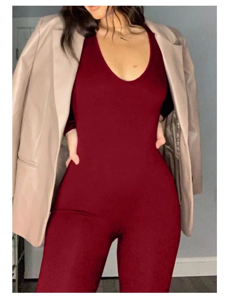 Spring and Summer New Women's Jumpsuit Long Sleeve Solid Color Skinny Jumpsuit Fashion Sports Fitness Jumpsuit Pullover