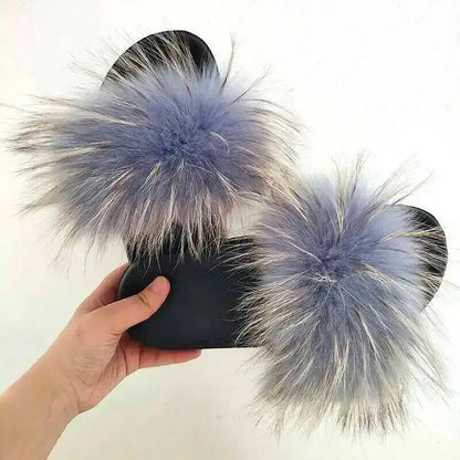 Real Raccoon Fur Slippers For Women 2026 Summer Fluffy Indoor House Fuzzy Flat Slides Outdoor Fashion Beach Sandals Flip Flops