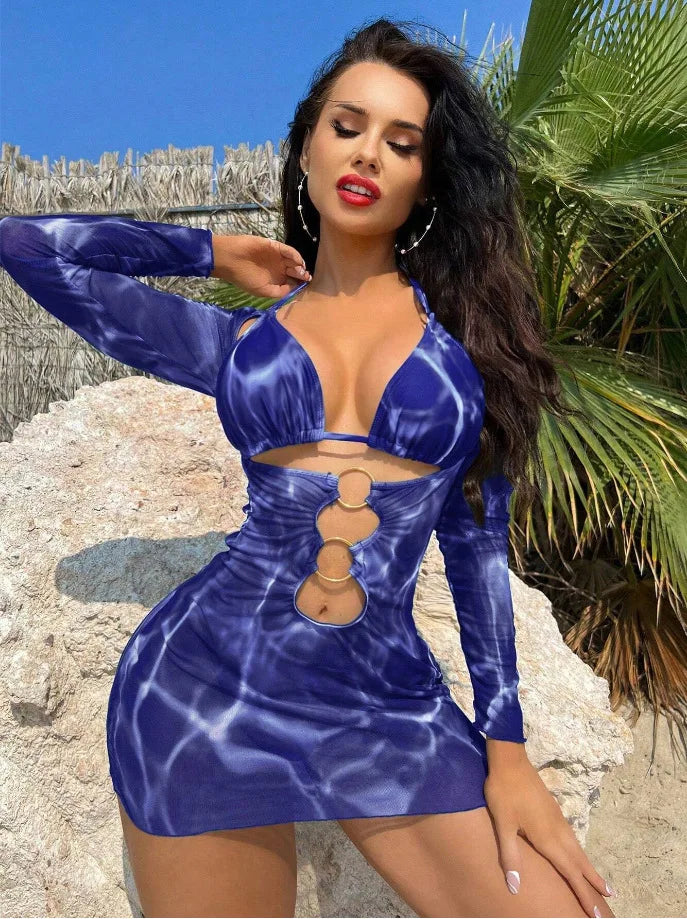 3 Piece Bikini Set Women Swimsuit Halter Cutout Metal Ring Mesh Cover Up Beach Dress Swimwear Bathing Suit