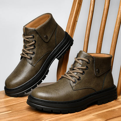 Genuine Leather Mens Motorcycle Boots Handmade Retro Men Ankle Boots Man Winter Plush Snow Botas Outdoor High Top Shoes Sneakers