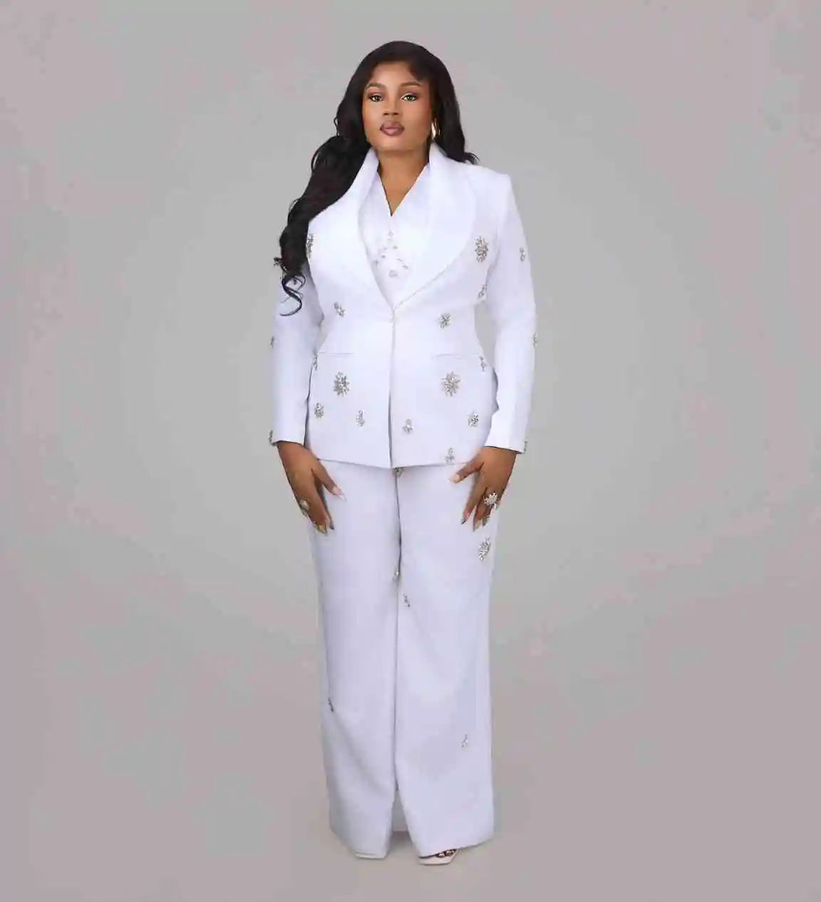 Plus Size Women Suit Crystal Shawl Lapel 2 Piece Jacket Pants Mother Blazer Single Breasted Wedding Tuxedo Evening Customized