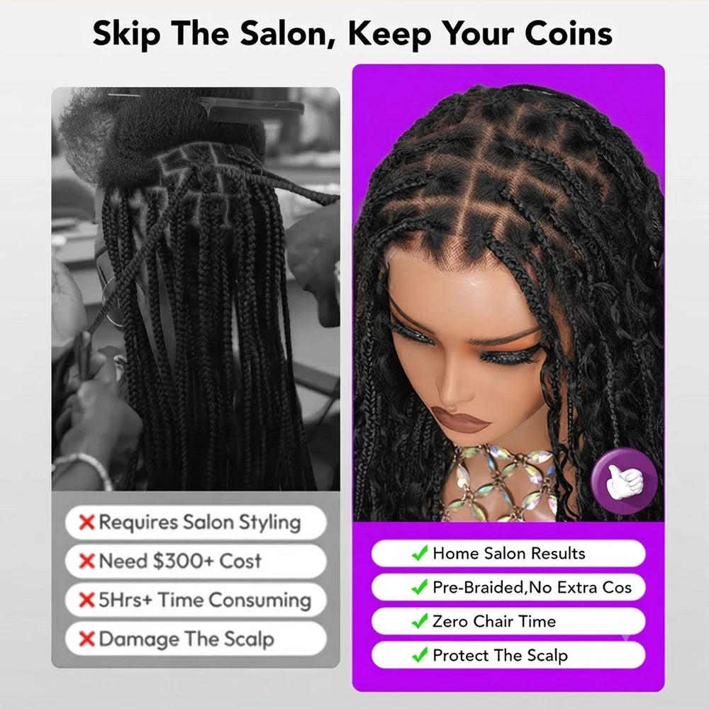 Glueless Knotless Braided Wigs Water Wave 13x6 HD Lace Human Hair Frontal Wigs Pull Go Gluless Wigs Human Hair With Drawstring