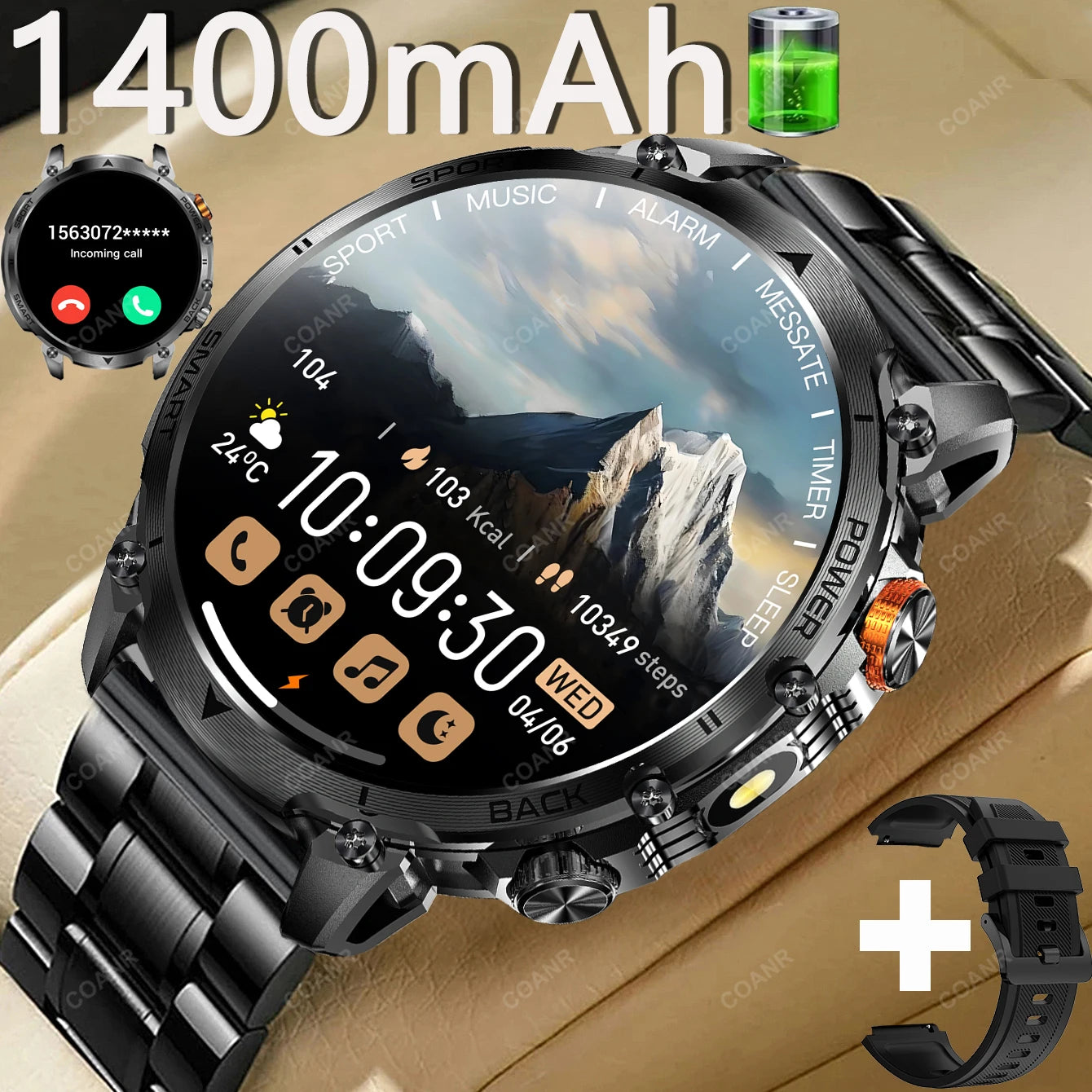 New Military Men's Outdoor Sport Smart Watch 1400mAh Battery BT Call Flashlight IP68 Waterproof 1.7' HD Large Screen Men Watch