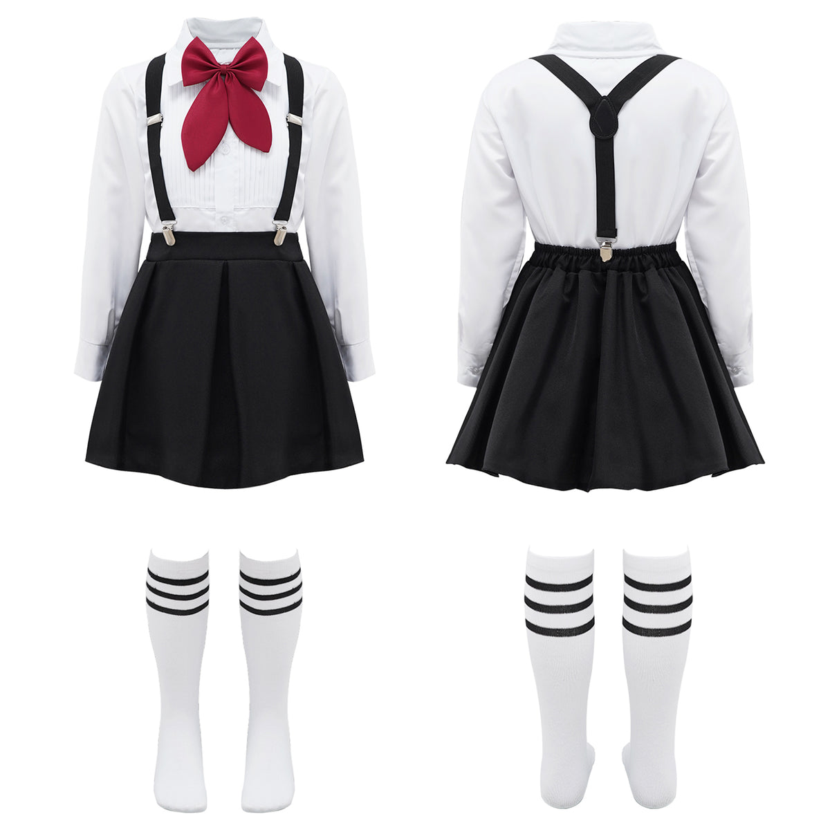 Children Girls Choir Outfits School Uniform Bow Tie Shirt with Suspender Skirt and Socks Schoolgirls Stage Performance Costume