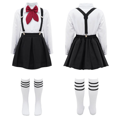 Children Girls Choir Outfits School Uniform Bow Tie Shirt with Suspender Skirt and Socks Schoolgirls Stage Performance Costume